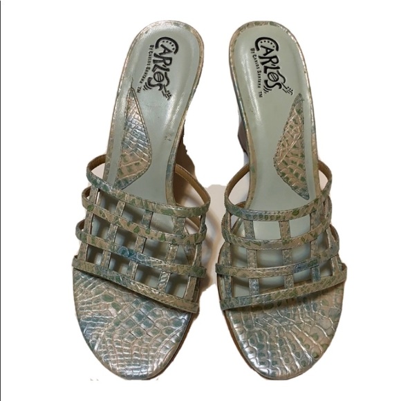 Y2K CARLOS SANTANA GREEN SNAKE CAGED SANDALS  SZ 5.5 M WEDGES LEATHER WEAVE - Picture 4 of 15